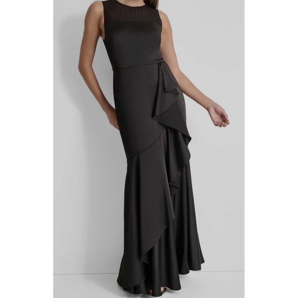 DKNY Women's Black Mesh-Yoke Ruffled Draped Crewneck Sleeveless Dress Size 4